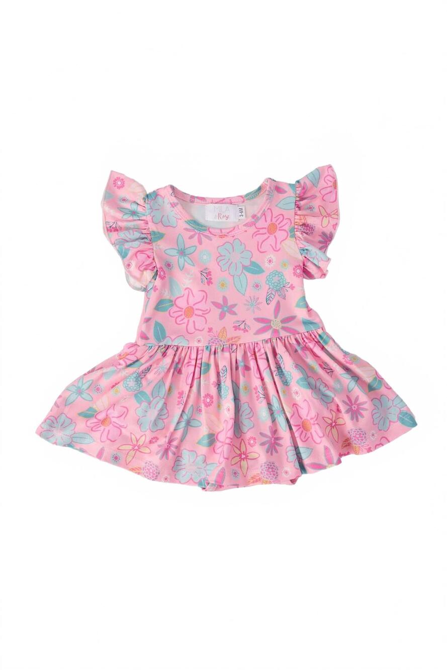 NEW MILA & ROSE kids beachy blooms flutter sleeve twirl bodysuit in pink